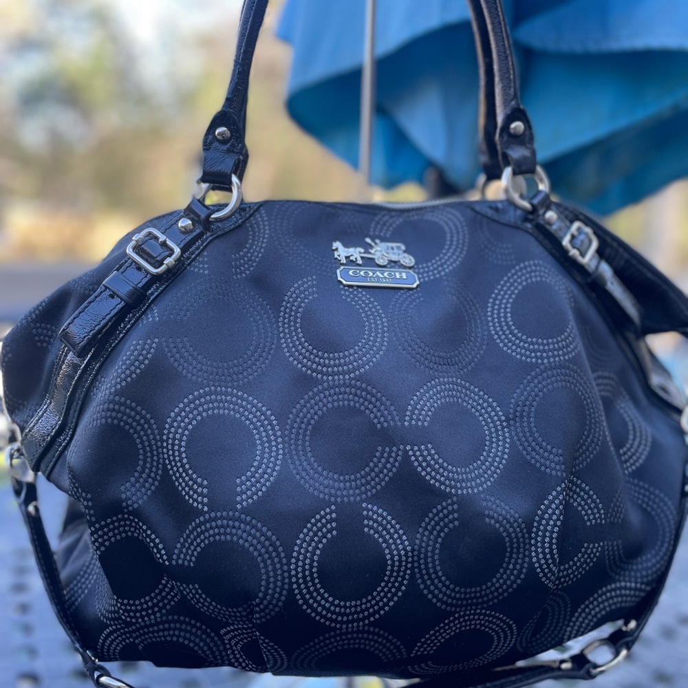 Coach Madison Black Shoulder Bag with dot Monogram Pattern